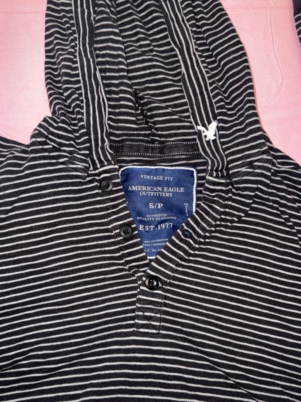 Vintage Black American Eagle Black & White Striped Hooded Henley Shirt